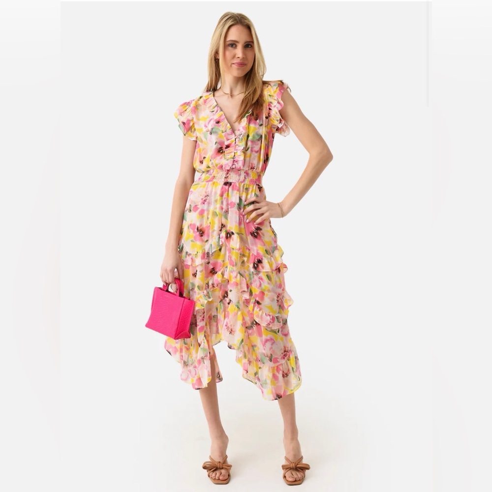 Misa Los Angeles Pink, Yellow & Green Floral Ruffle Midi Dress